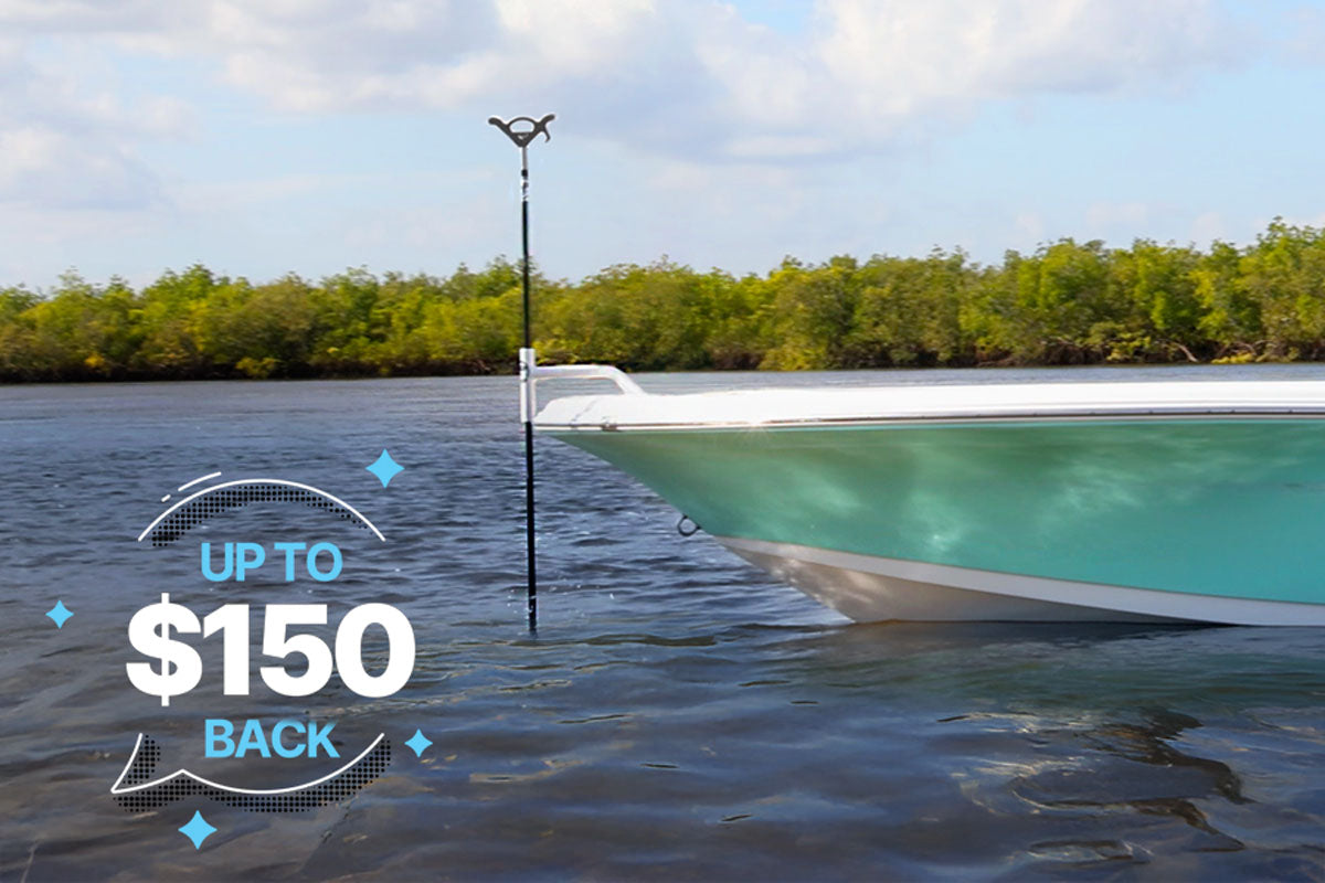 Photo of Stayput Anchor pole spike anchoring boat in the river with graphic that says "Up to $150 back"